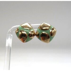 Vintage 80s Green Enamel Gold Tone Pierced Stud Square Abstract Animal Print